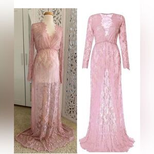 Muted Rose IvyLeaf sheer soft lash lace maxi dress Medium